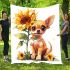 Cute chihuahua puppy with big eyes sitting next to a sunflower blanket