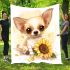 Cute chihuahua puppy with big eyes sitting next to sunflower blanket