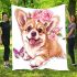 Cute corgi puppy with pink roses and butterflies blanket