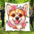 Cute corgi puppy with pink roses in her hair and butterflies blanket