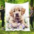 Cute golden retriever puppy with daisies and easter eggs blanket