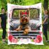 Cute happy yorkshire terrier old truck flowers and hearts blanket
