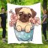 Cute pug dog inside a flower bucket blanket