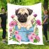 Cute pug dog inside a flower bucket blanket