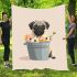 Cute pug dog inside a flower bucket blanket