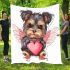 Cute valentine yorkie with angel wings holding a heart blanket