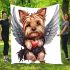 Cute valentine yorkie with angel wings holding heart blanket