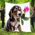 Cute valentine's day beagle puppy holding a pink rose blanket