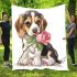 Cute valentine's day beagle puppy holding a pink rose blanket