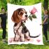 Cute valentine's day beagle puppy holding a pink rose blanket