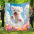 Cute white puppy running in a flower sea blanket