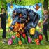 Dachshund in the garden with colorful tulips and butterflies blanket