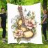 Music note and guitar and yellow bee and rose flowers with green leaf blanket