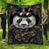 Steampunk panda with top hat and monocle holding golden gears blanket