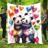 Two cute pandas hugging surrounded colorful hearts blanket