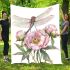 Watercolor dragonfly perched on pink peonies blanket