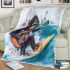 Baby chimpanzee surfing with guitar and musical notes blanket