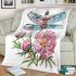 Beautiful elegant colorful dragonfly with pink peonies blanket