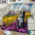 Black and white border collie sits in the foreground of an oil painting blanket