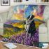 Black and white border collie sits in the foreground of an oil painting blanket