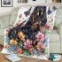 Cute black and tan dachshund among spring flowers with butterflies blanket