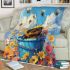 Cute cartoon baby bee sitting in a blue bucket blanket