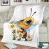 Cute cartoon bee holding flowers blanket