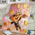 Cute cartoon bee holding flowers and a honeycomb blanket