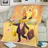 Cute cartoon bee holding flowers and a honeycomb blanket