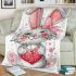 Cute cartoon bunny with a pink bow holding a heart blanket