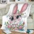 Cute cartoon bunny with big eyes and flowers blanket