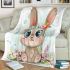 Cute cartoon bunny with big eyes sitting on the flowers blanket