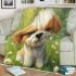 Cute cartoon puppy sitting on the grass blanket