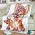 Cute corgi puppy with pink roses and a butterfly blanket