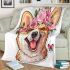 Cute corgi puppy with pink roses and butterflies blanket