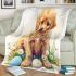 Cute golden retriever puppy with daisies and easter eggs blanket