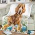 Cute golden retriever with easter eggs and white daisies blanket