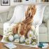 Cute golden retriever with easter eggs and white daisies blanket