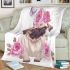 Cute pug puppy with pink roses and a butterfly blanket