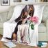 Cute valentine's day beagle puppy holding a pink rose blanket