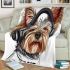 Cute yorkshire terrier dog wearing headphones blanket