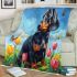 Dachshund in the garden with colorful tulips and butterflies blanket