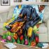 Dachshund in the garden with colorful tulips and butterflies blanket