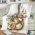 Music note and guitar and yellow bee and rose flowers with green leaf blanket