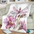 Watercolor dragonfly and pink flowers blanket