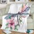 Watercolor dragonfly and pink flowers blanket