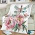 Watercolor dragonfly perched on pink peonies blanket