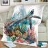 Watercolor sea turtle with coral reef and fish blanket