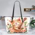 a cartoon cat with music note and the roses with green leaf 2 Leather Tote Bag