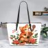 a cartoon cat with music note and the roses with green leaf 4 Leather Tote Bag